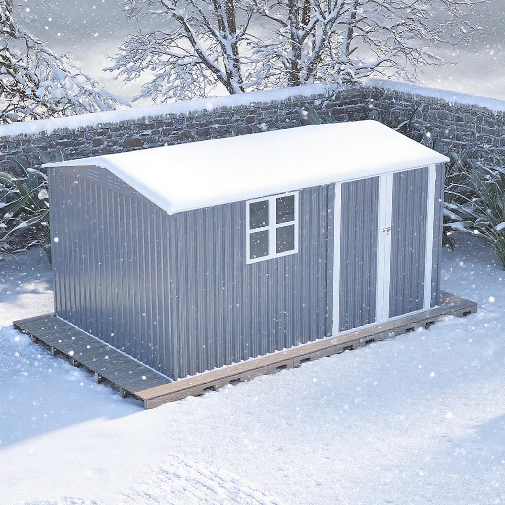 8x12 Ft Outdoor Storage Shed, XL Heavy-Duty Steel Building with Window, Hinged Gray Doors & 4 Air Vents, Reinforced for Backyard, Garden, Patio