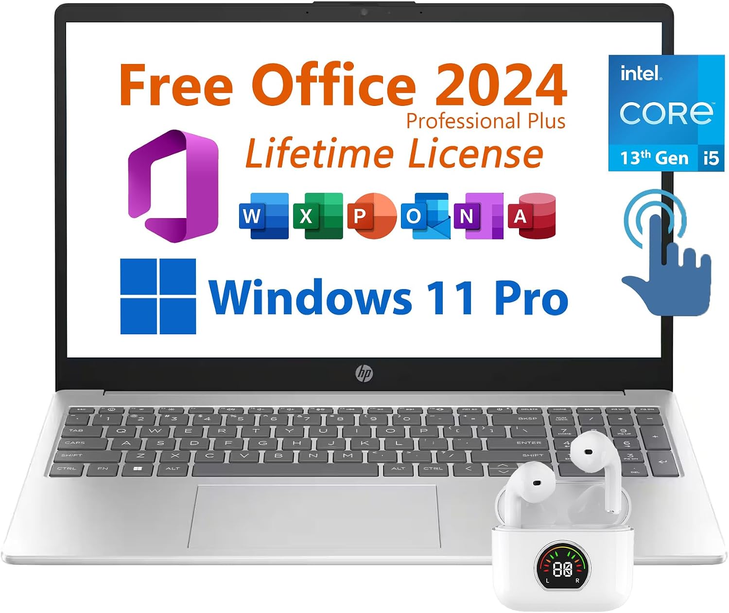 HP 15.6' Business Laptop, Free Microsoft Office 2024, FHD Touchscreen, Intel 10-Core i5-1334U Upto 4.6 GHz, 16GB RAM, 1TB SSD, 6.5 Hours Battery, WiFi 6, Windows 11 Pro, Toree Wireless Earbuds
