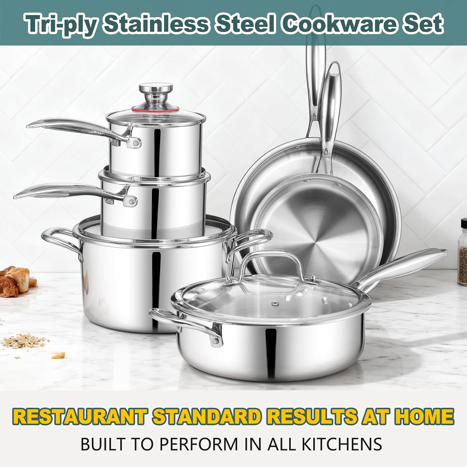 P&P CHEF 3-Ply Stainless Steel Cookware Set of 6, 10-Pieces Pots and Pans Sets Stainless Steel for Kitchen, Induction Multi Cooktops & Oven, Dishwasher Safe, Frying Pans, Saucepans, Saute Pan & Pot