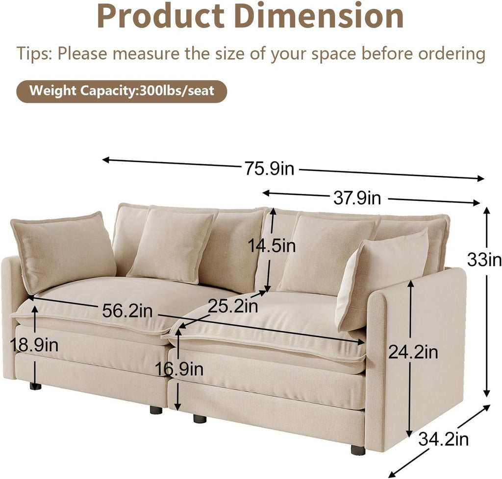 GNIXUU 76' Modular Sectional Sofa, Camel Loveseat Sofa Cloud 2 Seater Couch, Comfy Chenille Love Seats 25' Deep Seat with 2 Pillows for Small Spaces Apartment Studio Office Bedroom Living Room