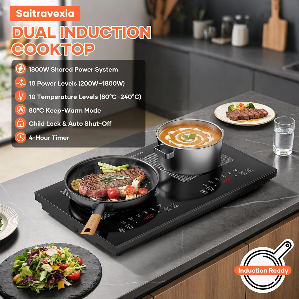 Double Induction Cooktop 1800W, Portable 2 Burner Electric Cooktop with Full Touch Control, 10 Power Levels, 4-Hour Timer, Safety Lock, 110-120V