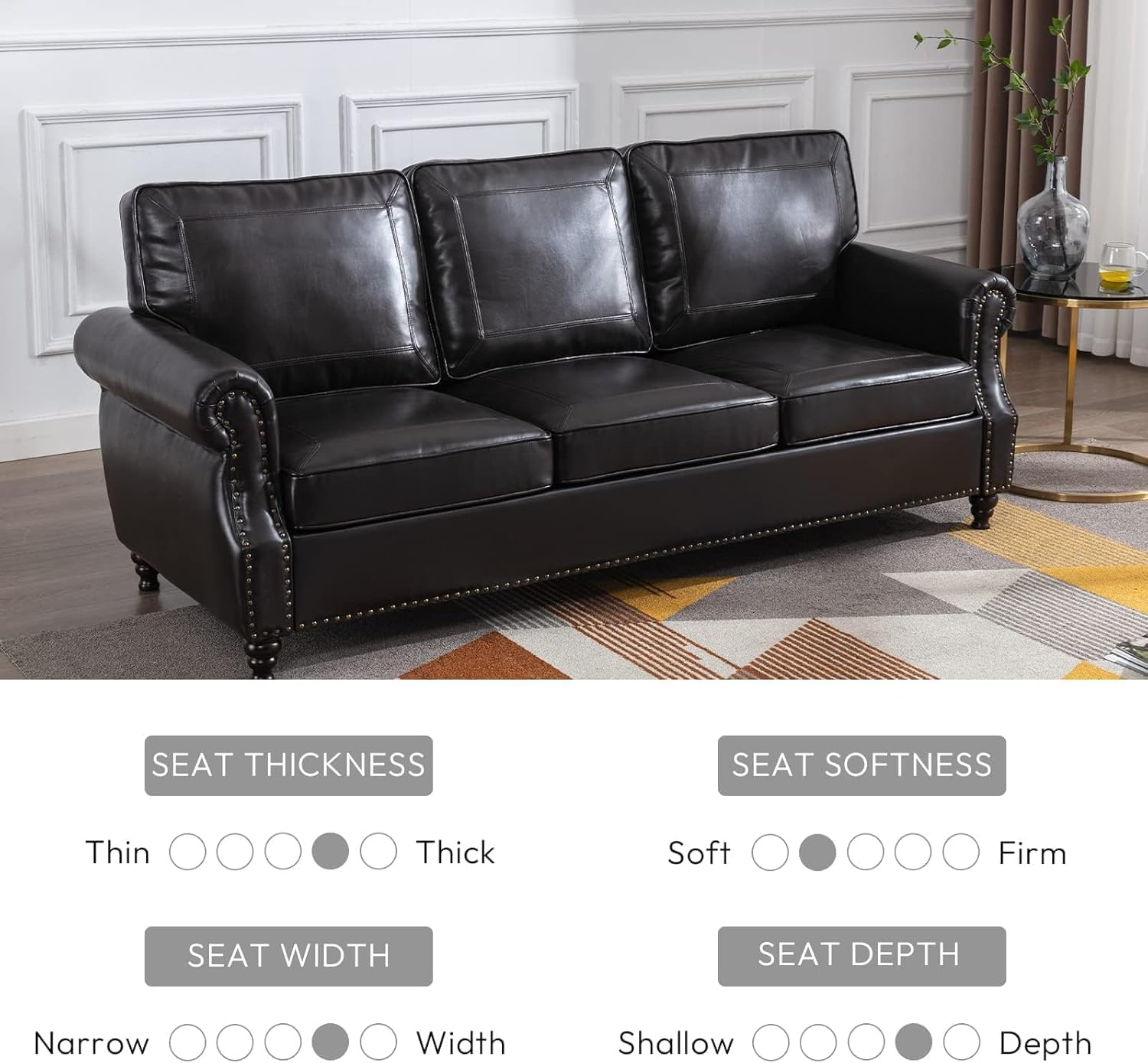 Kingfun Mid-Century Modern Couch, Faux Leather Sofa, 3 Seater Couch for Living Room with Rolled arms & Nailhead Trim, Black