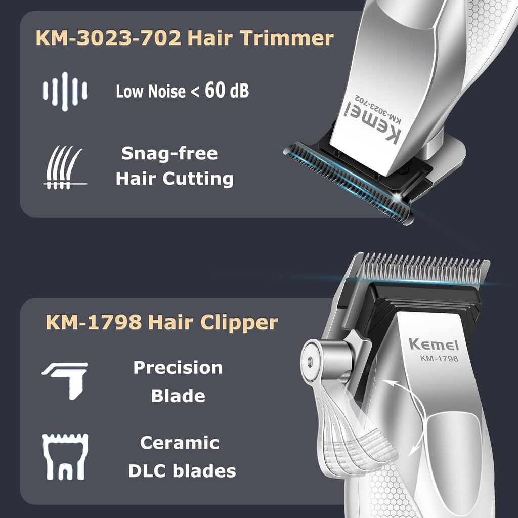 KEMEI Professional Hair Clippers for Men, Cordless Barber Clippers and Trimmers Set with Full Metal Body, Electric Foil Shavers with LED Display & Travel Case, KM-3023-702, KM-1798, KM-T402