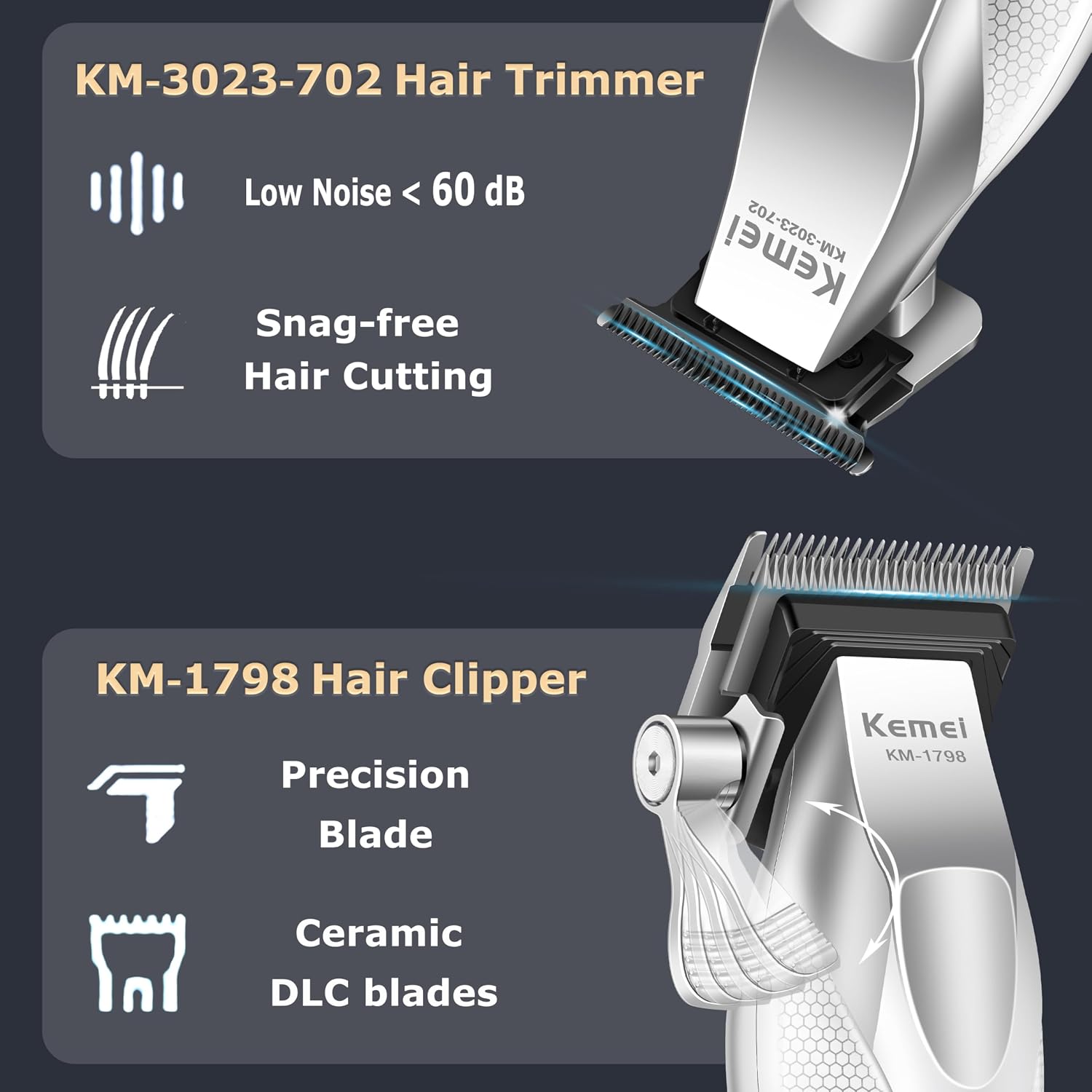 KEMEI Professional Hair Clippers for Men, Cordless Barber Clippers and Trimmers Set with Full Metal Body, Electric Foil Shavers with LED Display & Travel Case, KM-3023-702, KM-1798, KM-T402