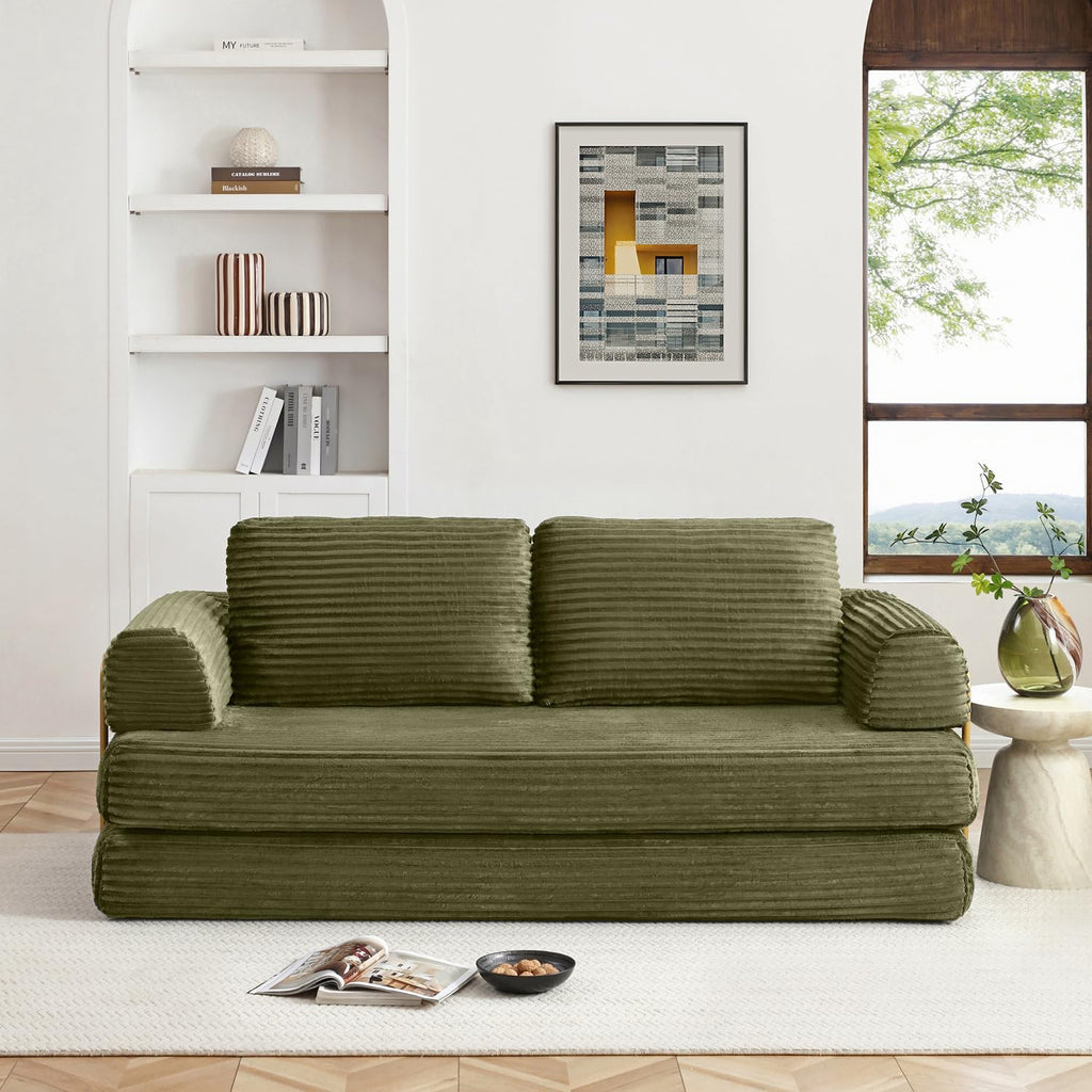HANXIN 80 Inch Convertible Sleeper Sofa Bed, High Back Plush Corduroy Folding Floor Mattress Couch with Fixed-Shape Frame, Boneless Futon Loveseat with Pull Out Bed, No Assembly Required (Green)
