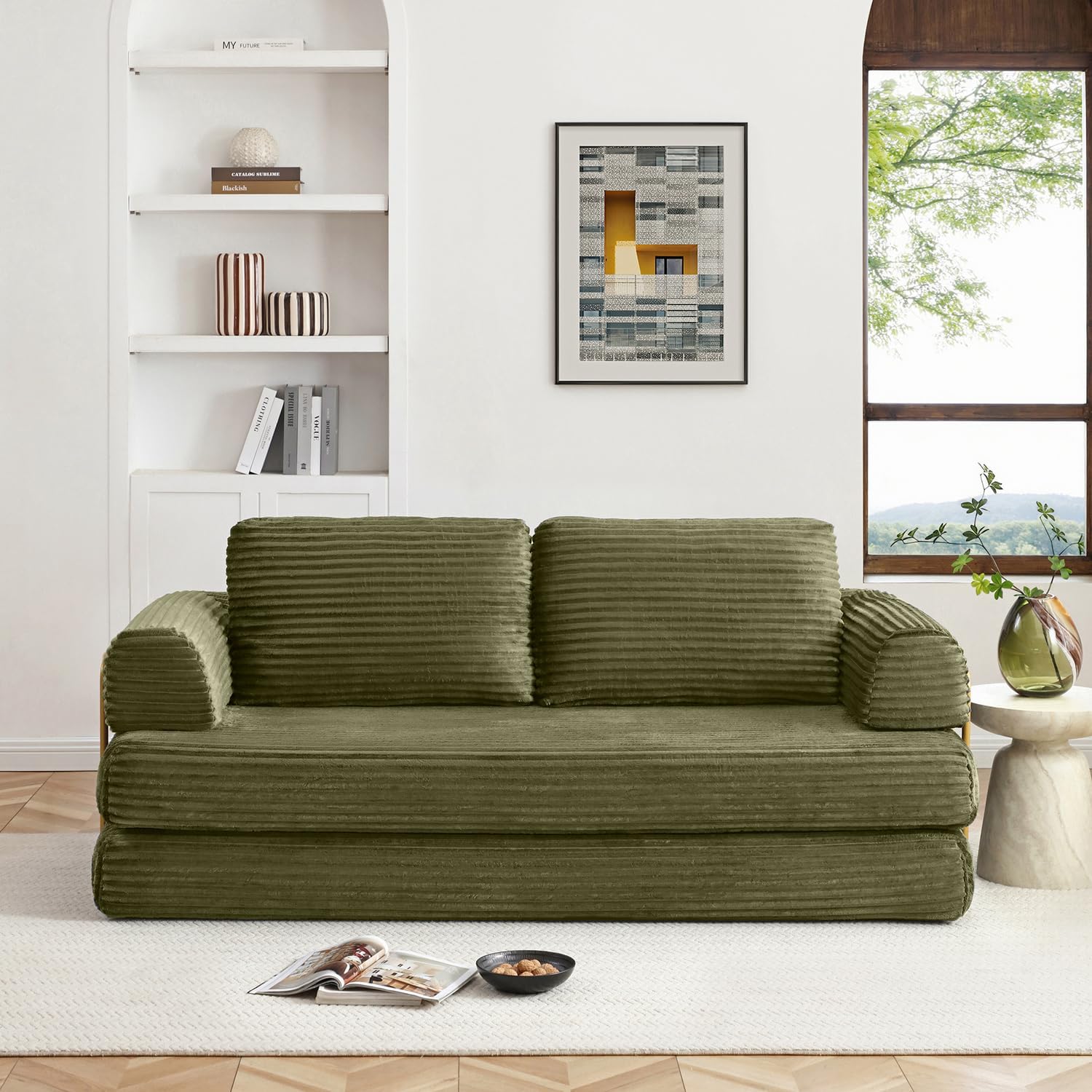 HANXIN 80 Inch Convertible Sleeper Sofa Bed, High Back Plush Corduroy Folding Floor Mattress Couch with Fixed-Shape Frame, Boneless Futon Loveseat with Pull Out Bed, No Assembly Required (Green)