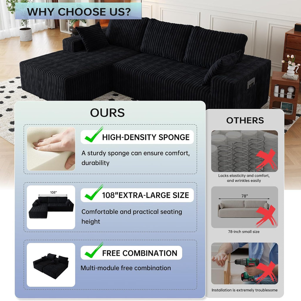 108' Modular Sectional Cloud Couch for Living Room Deep Seat L Shapes Boneless Couch with Oversized Chaise Lounge, Comfy Memory Foam Flannel Fabric Sofa for Bedroom Apartment, No Assembly Required