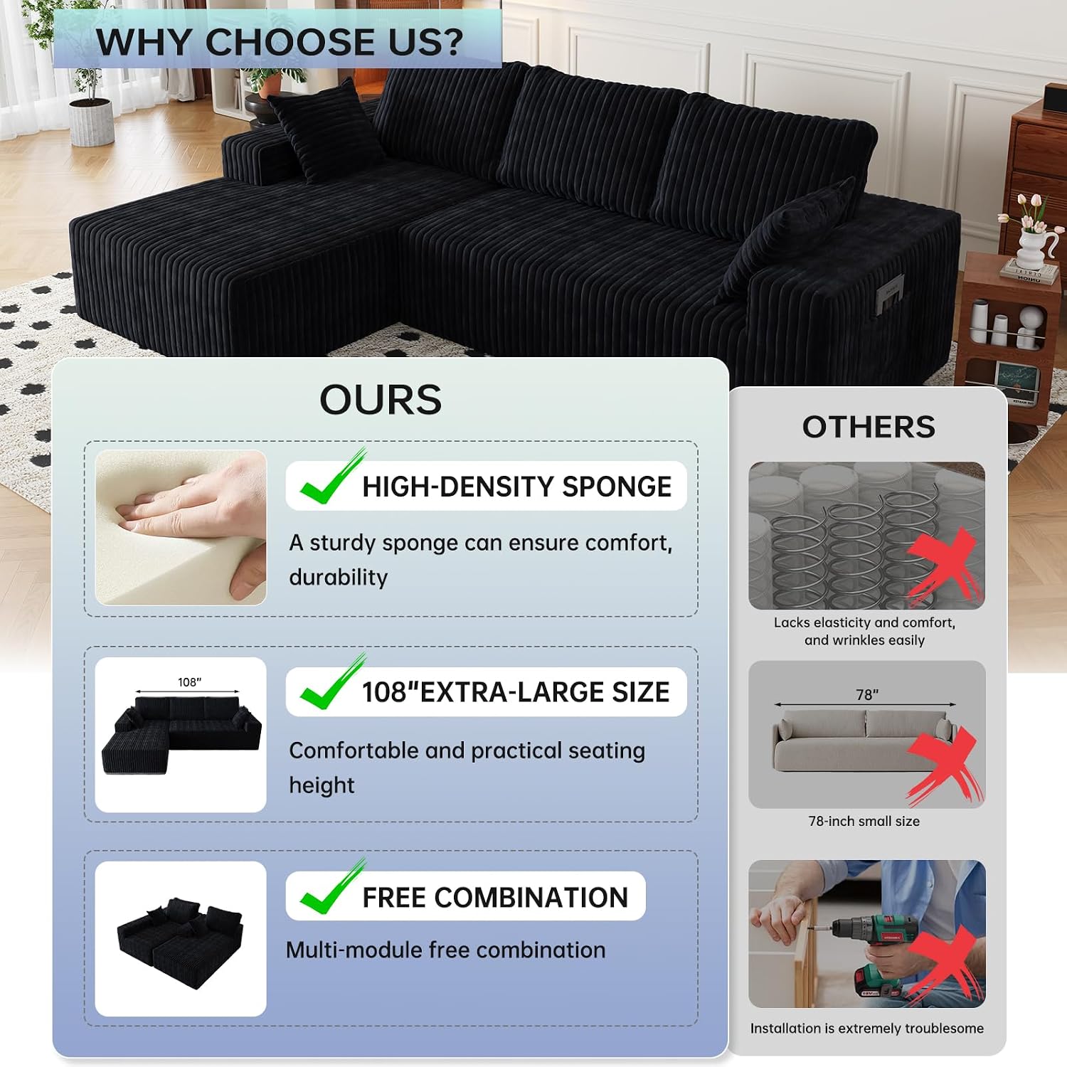 108' Modular Sectional Cloud Couch for Living Room Deep Seat L Shapes Boneless Couch with Oversized Chaise Lounge, Comfy Memory Foam Flannel Fabric Sofa for Bedroom Apartment, No Assembly Required