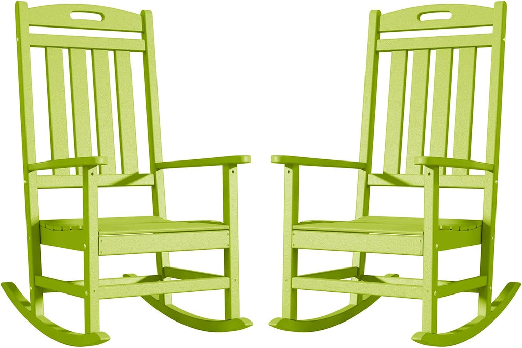 Outdoor Rocking Chair Set of 2, High Back Plastic Patio Rocking Chairs for Outside Porch Rocker Garden Lawn, All-Weather Resistant Poly Lumber Rocker Chair Outdoor, Lime