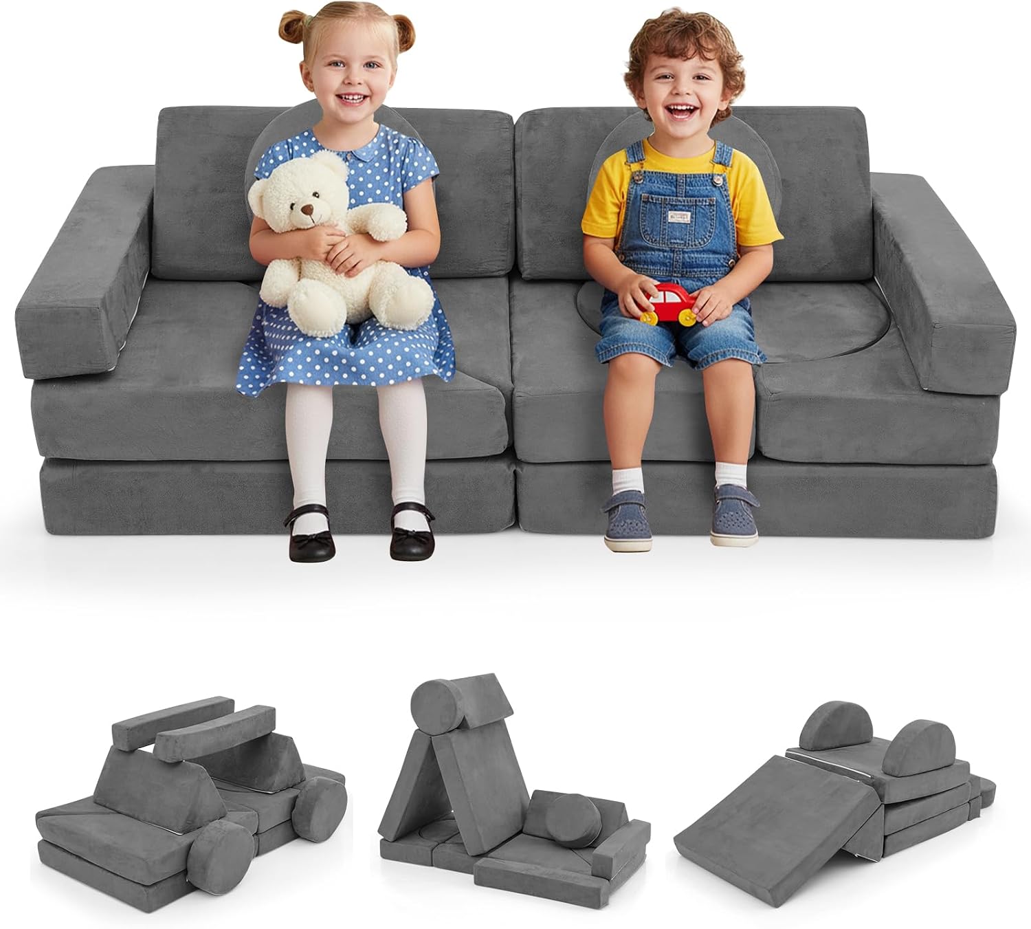 Costzon 14 PCS Modular Kids Play Couch, Child Sectional Sofa, Versatile Toddler Soft Building Blocks Sofa Playset for Playroom Bedroom, Convertible Foam and Floor Cushion for Boys Girls Gifts (Gray)