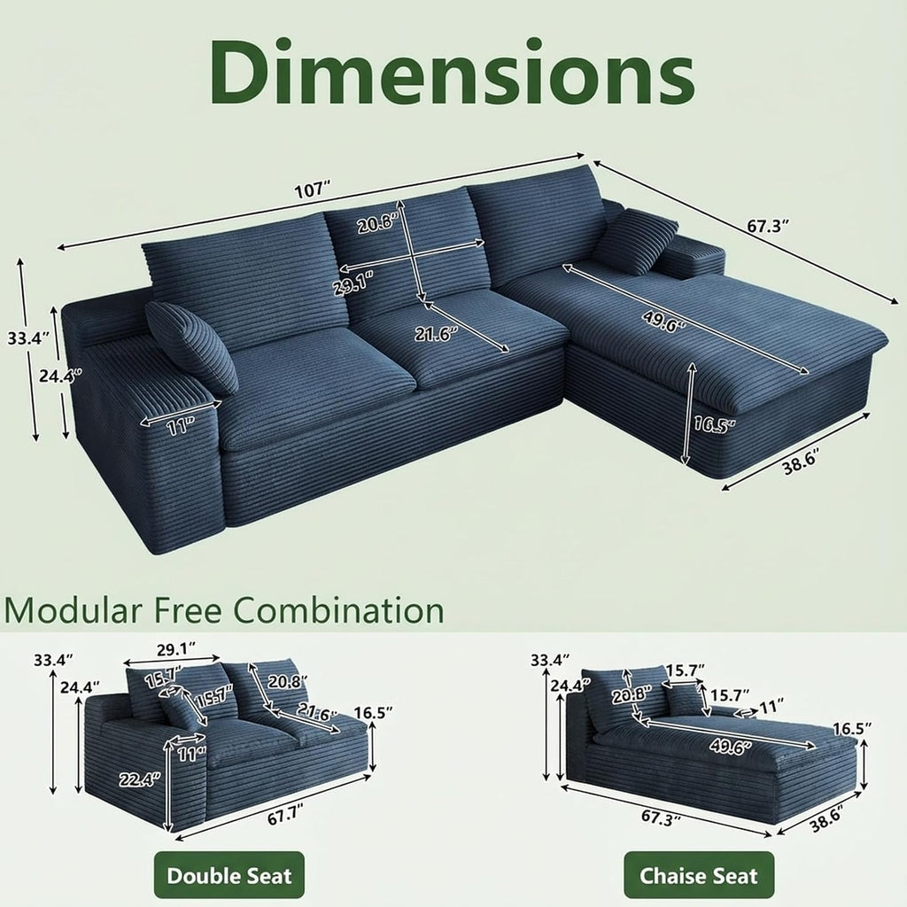 107' Cloud Couch Modular Sectional Sofa for Living Room, L-Shape Boneless Couch with Deep Seat, Modern Corduroy 3-Seater, No Assembly Required (Blue,Right-Facing Chaise)