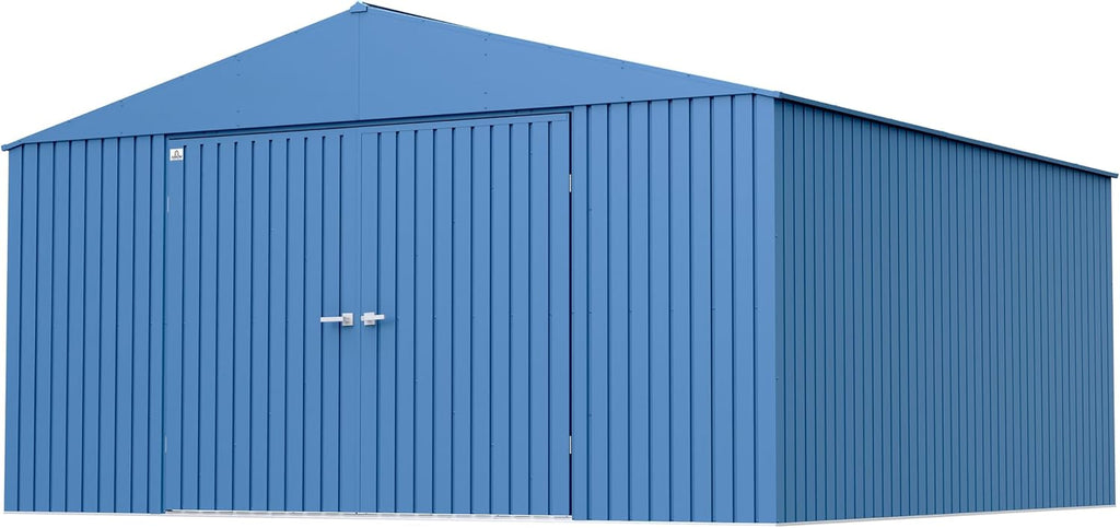 Arrow Shed Elite 14' x 14' Tall Outdoor Steel Storage Shed with High Gable and Lockable Doors Storage Building, Blue Grey
