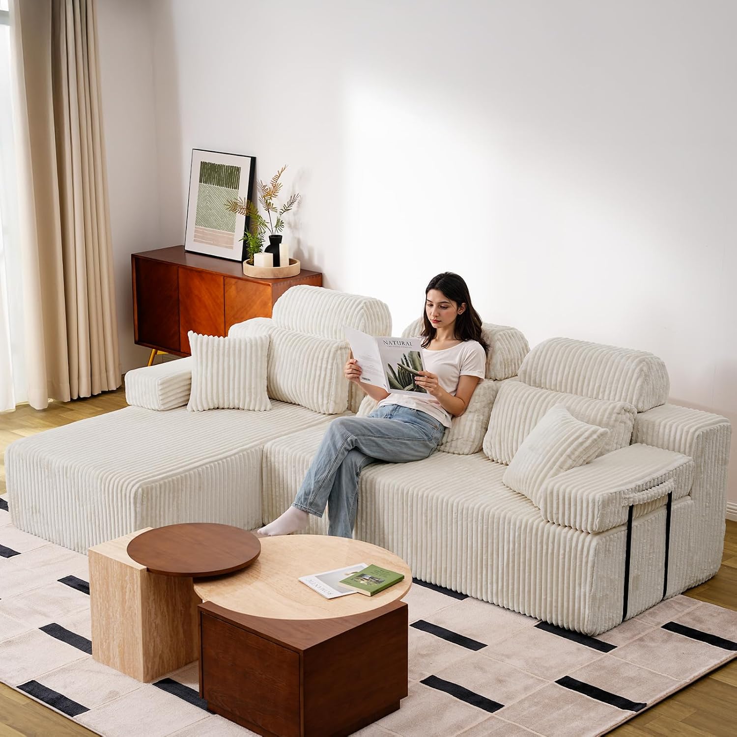 HOMRELEXA 106'' Sectional Couch with High Backrest, L-Shape Modular Sectional Sofa Convertible Left or Right Chaise, Cloud Corduroy, Boneless Couches Comfortable for Living Room(Beige)