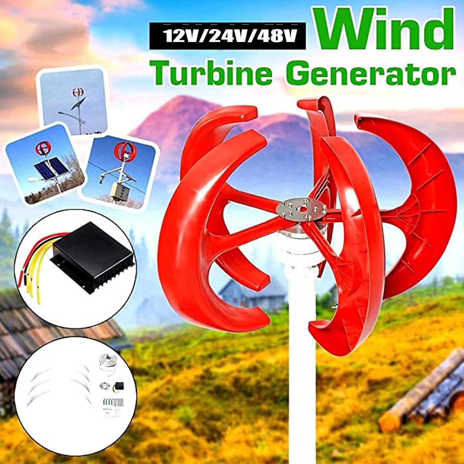 Wind Turbine Generator Kit 3000W 4000W 5000W with Controller, 12V 24V 48V Wind Generator for Home Use, Vertical Wind Turbine Windmill Power Generator,3000W-24V