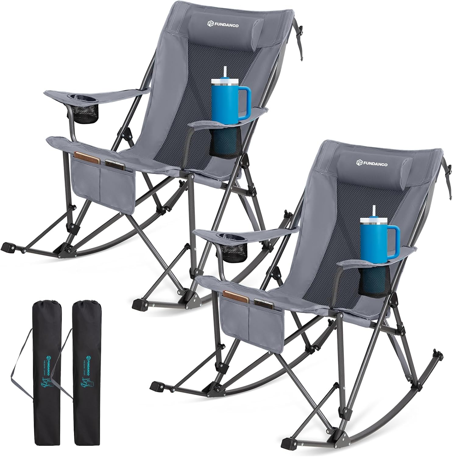 FUNDANGO Oversized Rocking Camping Chair for Adults, 2 Pack Portable Folding Lawn Chairs for Outside with Pillows, Wide Armrest, 2 Cup Holders, Carry Bag for Patio Garden Outdoor Supports 400Lbs(Gery)