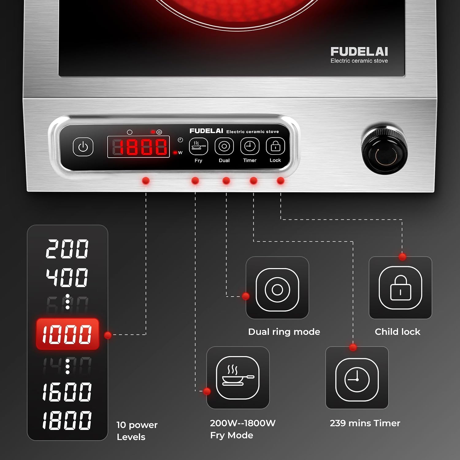 1800W Commercial Grade Induction Cooktop with 9 Power Levels - Infrared Electric Burner with EUROKERA Micro-Ceramic Panel, Timer, Safety Lock, for Restaurant, Home Kitchen Use