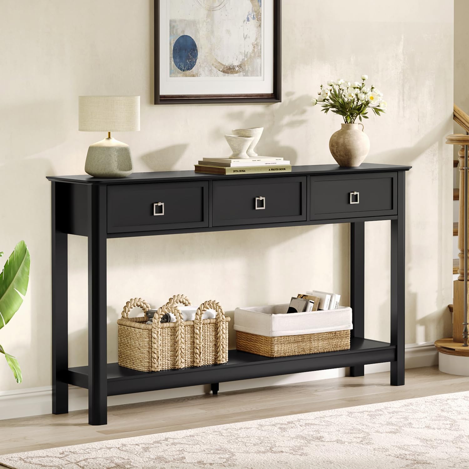 Treocho 53.1' Console Table with 3 Drawers, Modern Entryway Table, 2-Tier Narrow Long Sofa Table Behind Couch Table for Living Room, Hallway, Black
