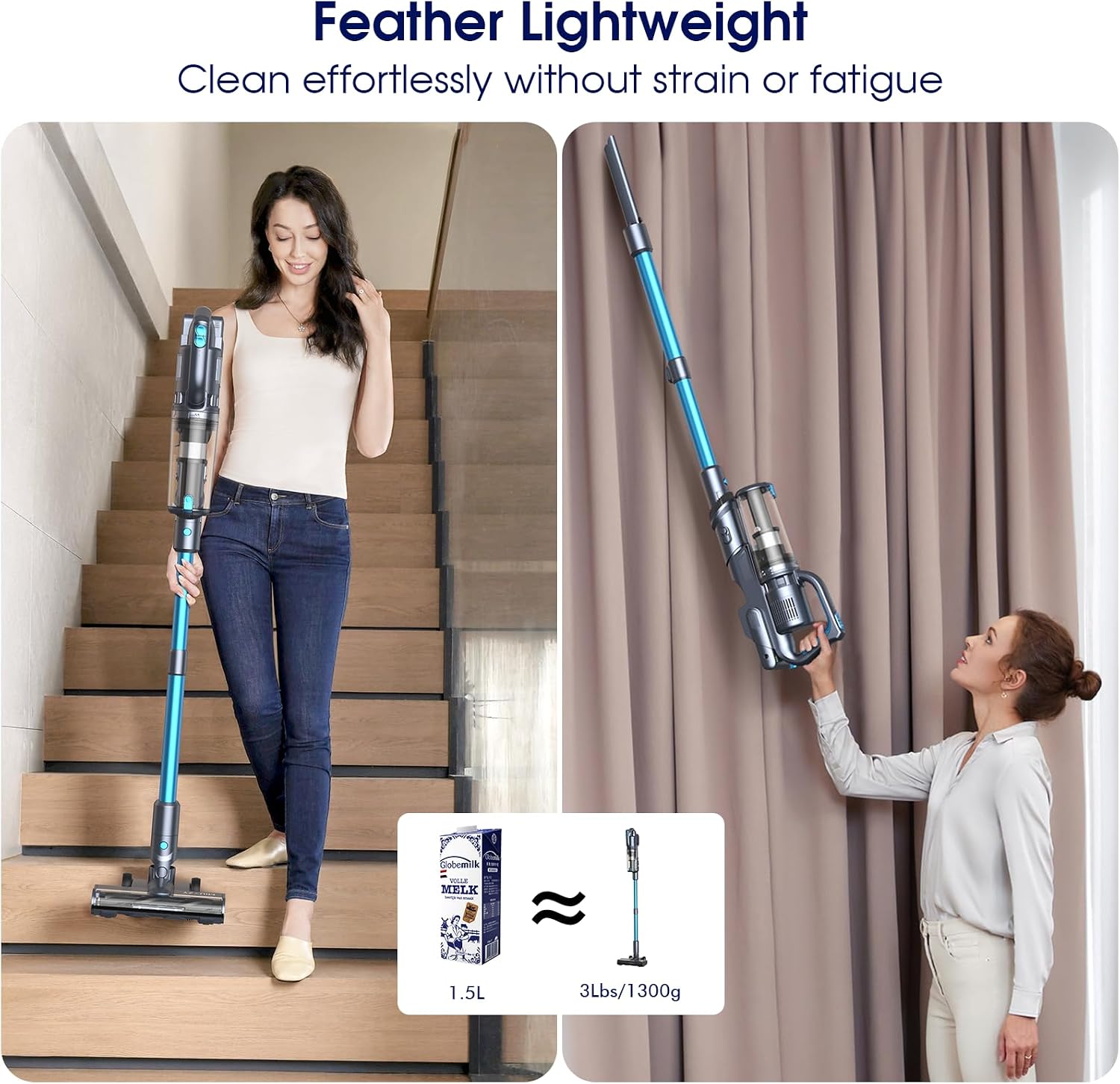 MIUZZY 35,000pa Cordless Vacuum Cleaner, Max 50 Minutes, Lightweight Cordless Cleaners for Home, Stick and Handheld Vacuum for Carpets, Hard Floor, Pet Hair, Cars (Blue)