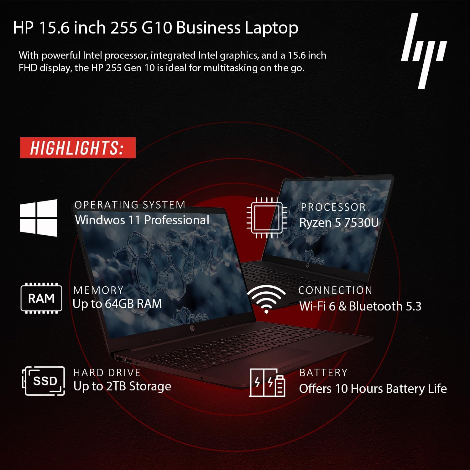 HP 2025 Latest 15.6' Business and Student Laptop, AMD Ryzen 5 7530U (Outperforms i7-1165G7), 64GB RAM, 2TB SSD, Ultra Quiet Design, Long Battery Life, Windows 11 Pro with Microsoft Office, WOWPC USB