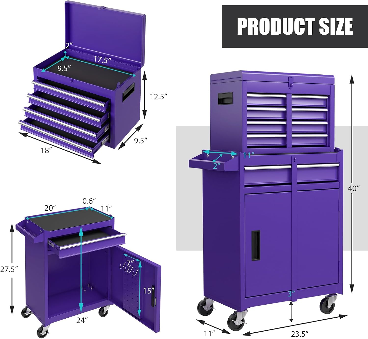 Goplus Purple Tool Chest, 5 Drawers Rolling Tool Cabinet w/Detachable Top Toolbox, Universal Lockable Wheels,Lock Bar,Protective Liner,Tool Rack, Metal Tool Storage Cart, Tool Box for Garage Workshop
