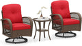 ORALNER 3 Pieces Wicker 360° Swivel Rocker Set Patio Furniture, Rocking Chairs with Cushions, Tempered Glass Coffee Table, Outdoor Rattan Bistro Set for Balcony Front Porch Deck Poolside (Red)