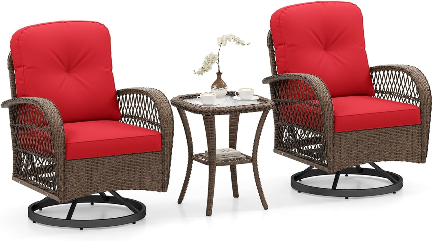 ORALNER 3 Pieces Wicker 360° Swivel Rocker Set Patio Furniture, Rocking Chairs with Cushions, Tempered Glass Coffee Table, Outdoor Rattan Bistro Set for Balcony Front Porch Deck Poolside (Red)