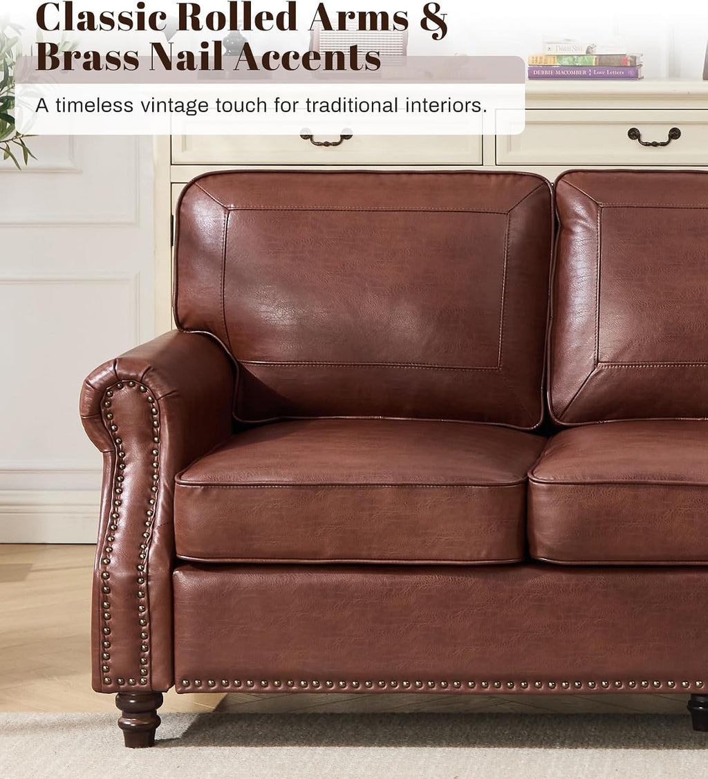 Kingfun Mid-Century Modern Couch, Faux Leather Sofa Set, 3 Seater Couch for Living Room with Rolled arms & Nailhead Trim, Dark Coffee