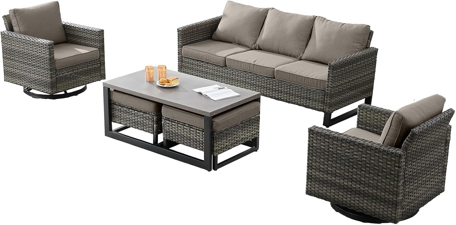 Wicker Outdoor Patio Furniture Set - 6 Piece Patio Conversation Set with 2 Swivel Rocker Chairs,2 Rattan Ottoman,1 Couch and 1 Metal Coffee Table for Outside Porch Deck Backyard(Mixed Grey/Grey)