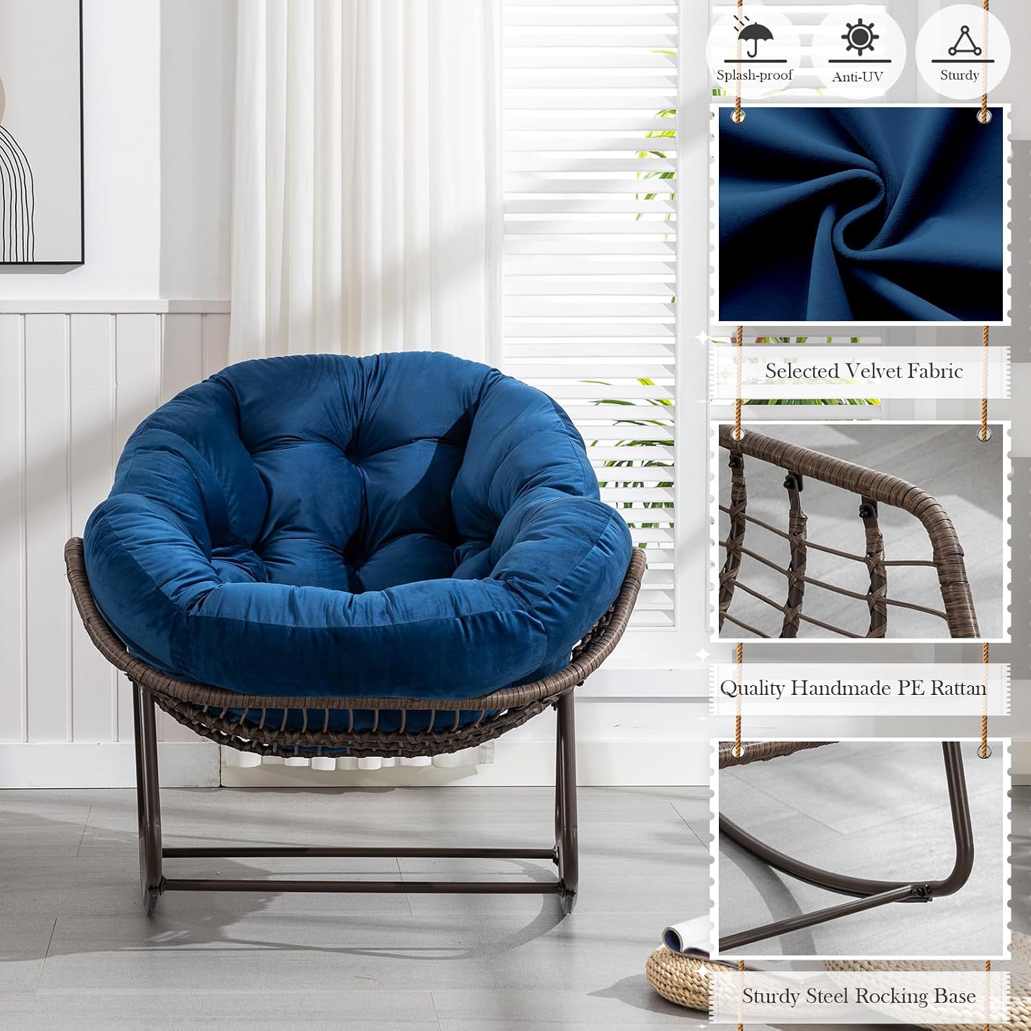 Outdoor Rocking Chair, Indoor Rattan Rocker Egg Chair, Comfy Oversized Papasan Chair with Thicker Cushion for Patio, Front Porch, Backyard, Garden, Balcony, Lounge, Living Room, Patio,Navy