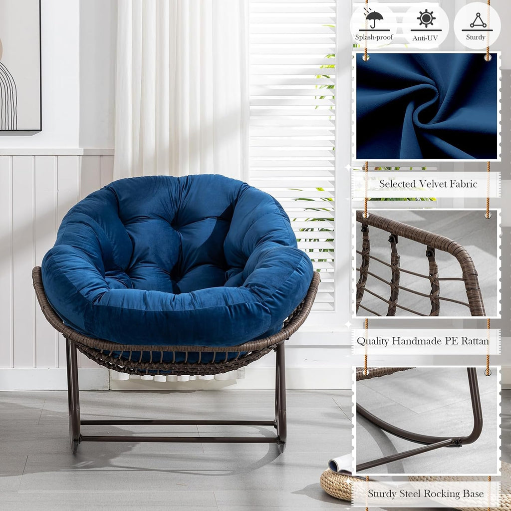 Patio Outdoor Rocking Chair Set of 2, Indoor Rattan Rocker Egg Chair, Comfy Oversized Papasan Chair with Thicker Cushion for Patio, Front Porch, Backyard, Garden, Balcony, Lounge, Living Room, Navy