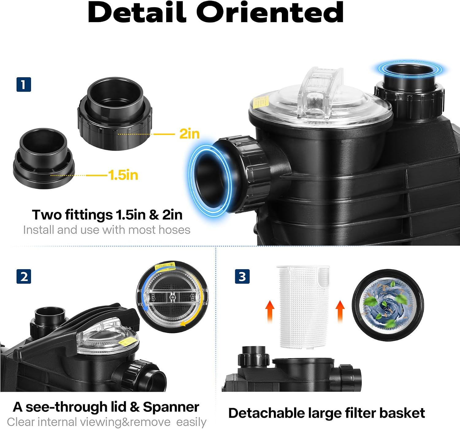 VIVOHOME 2.5HP 230V Pool Pump, Dual Speed with High Lift 79FT, Self-Priming DOE Energy Saving, 1.5' & 2' Connectors w/Strainer Basket for In-Ground Pools