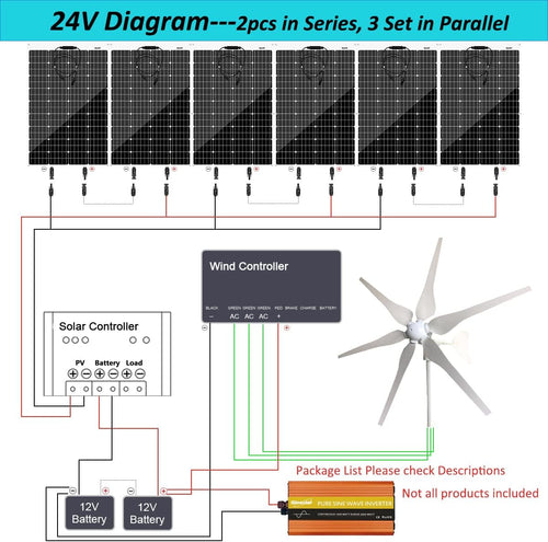 1000W 24V Wind Solar Kit for RV Boat Cabin Home: 6 * 100W Glass Solar Panels + 400W Wind Turbine Generator + Solar/Wind Charge Controller +1KW Inverter +Accessories