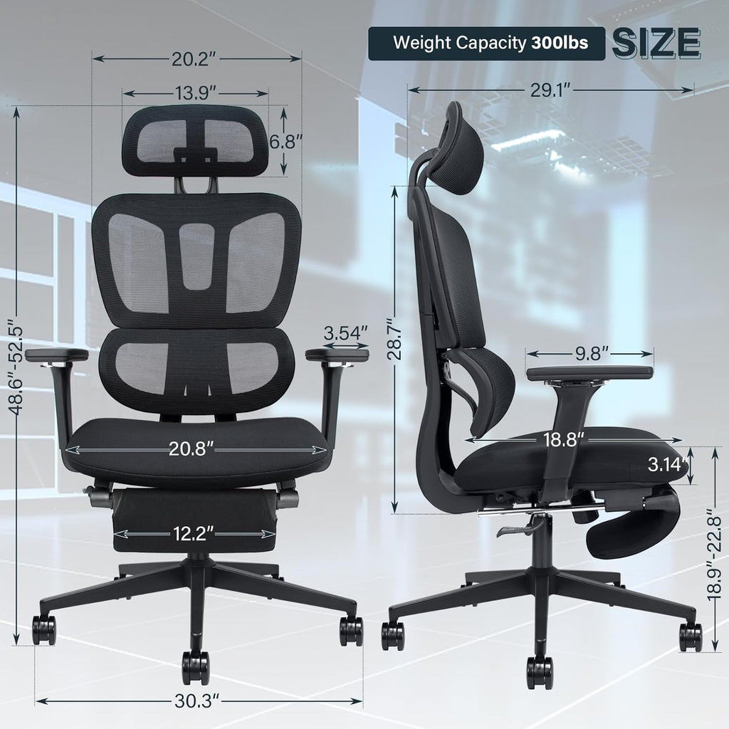 Ergonomic Mesh Office Chair with Retractable Footrest - High Back Computer Chair with Lumbar Support, Adjustable Armrests and Headrest - Adult Multifunctional Home Office Chair, Black