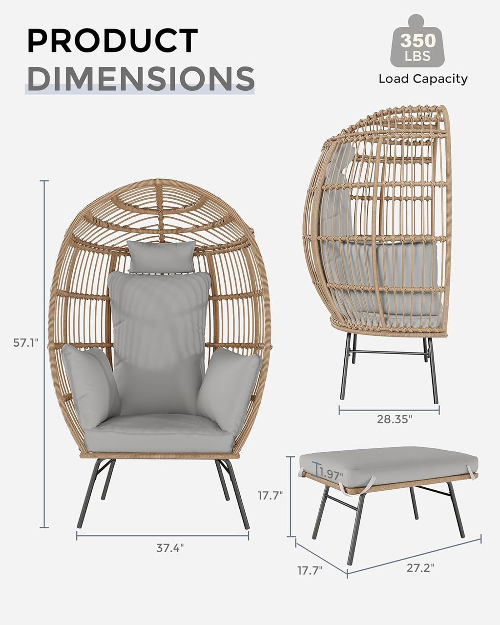GarveeLife Oversize Wicker Egg Chair with Ottoman, Egg Shaped Lounge Chair with Thick Cushion, Comfy Egg Rattan Seat for Indoor Outdoor Patio Porch Backyard, Grey