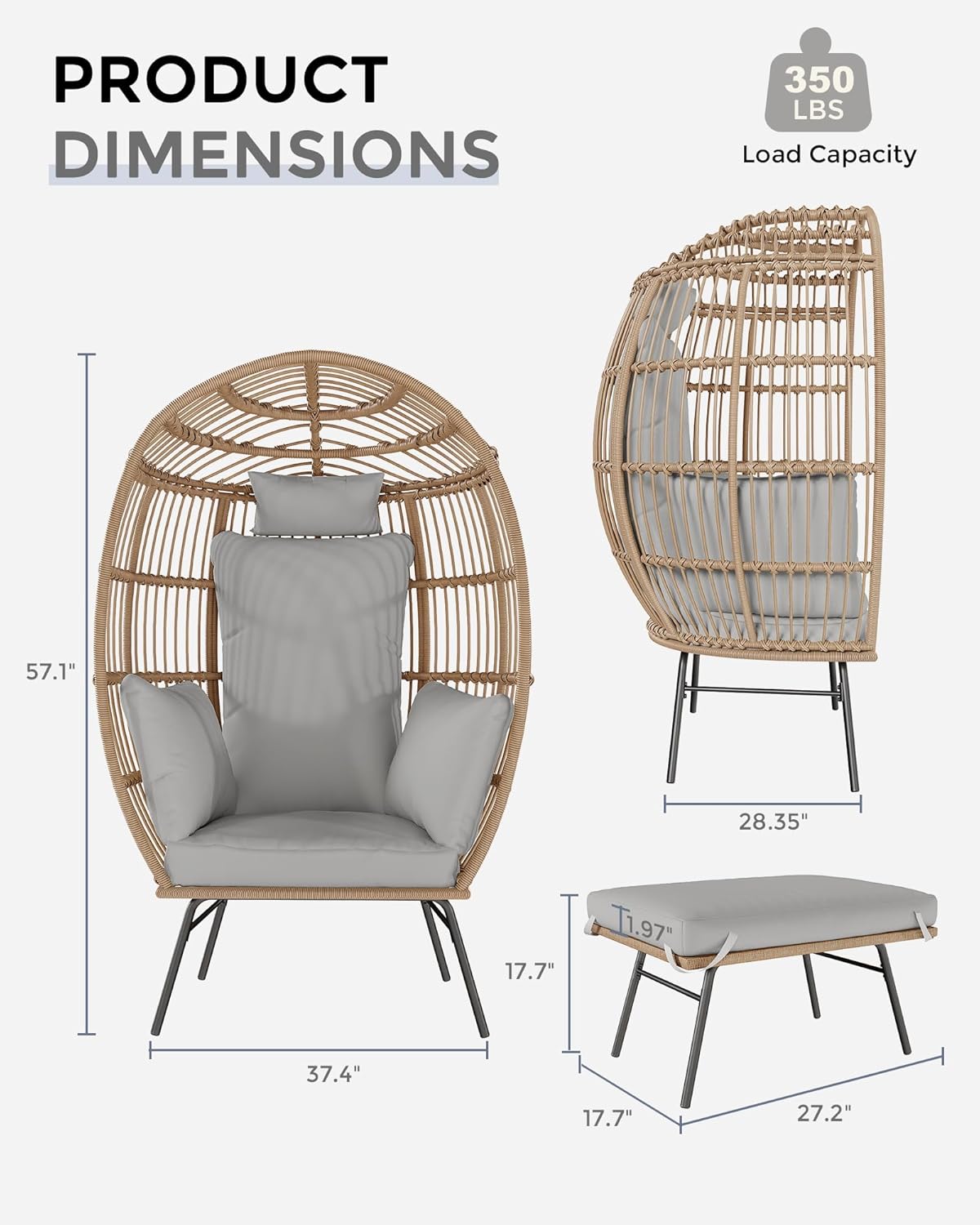 GarveeLife Oversize Wicker Egg Chair with Ottoman, Egg Shaped Lounge Chair with Thick Cushion, Comfy Egg Rattan Seat for Indoor Outdoor Patio Porch Backyard, Grey