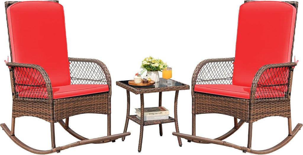 Devoko Outdoor Rocking Chairs 3 Piece Patio Furniture Set with Side Table & Cushions, Wicker Porch Rocker Bistro Set High Back for Balcony, Backyard, Garden (Red)