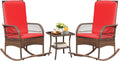 Devoko Outdoor Rocking Chairs 3 Piece Patio Furniture Set with Side Table & Cushions, Wicker Porch Rocker Bistro Set High Back for Balcony, Backyard, Garden (Red)