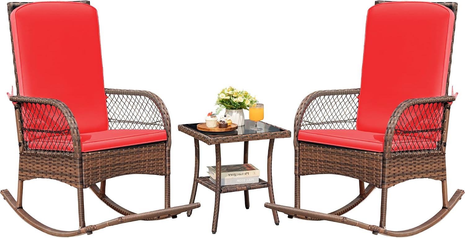 Devoko Outdoor Rocking Chairs 3 Piece Patio Furniture Set with Side Table & Cushions, Wicker Porch Rocker Bistro Set High Back for Balcony, Backyard, Garden (Red)