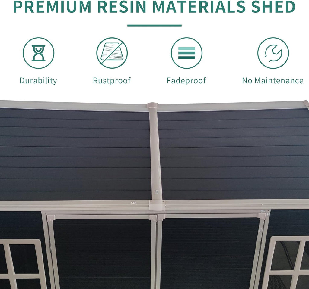 Outdoor Resin Garden Shed with Double Doors, Floor and 2 Windows, Plastic Patio Outdoor Storage Shed with Lockable Door for Garden Tools, Bicycles, Trash Cans