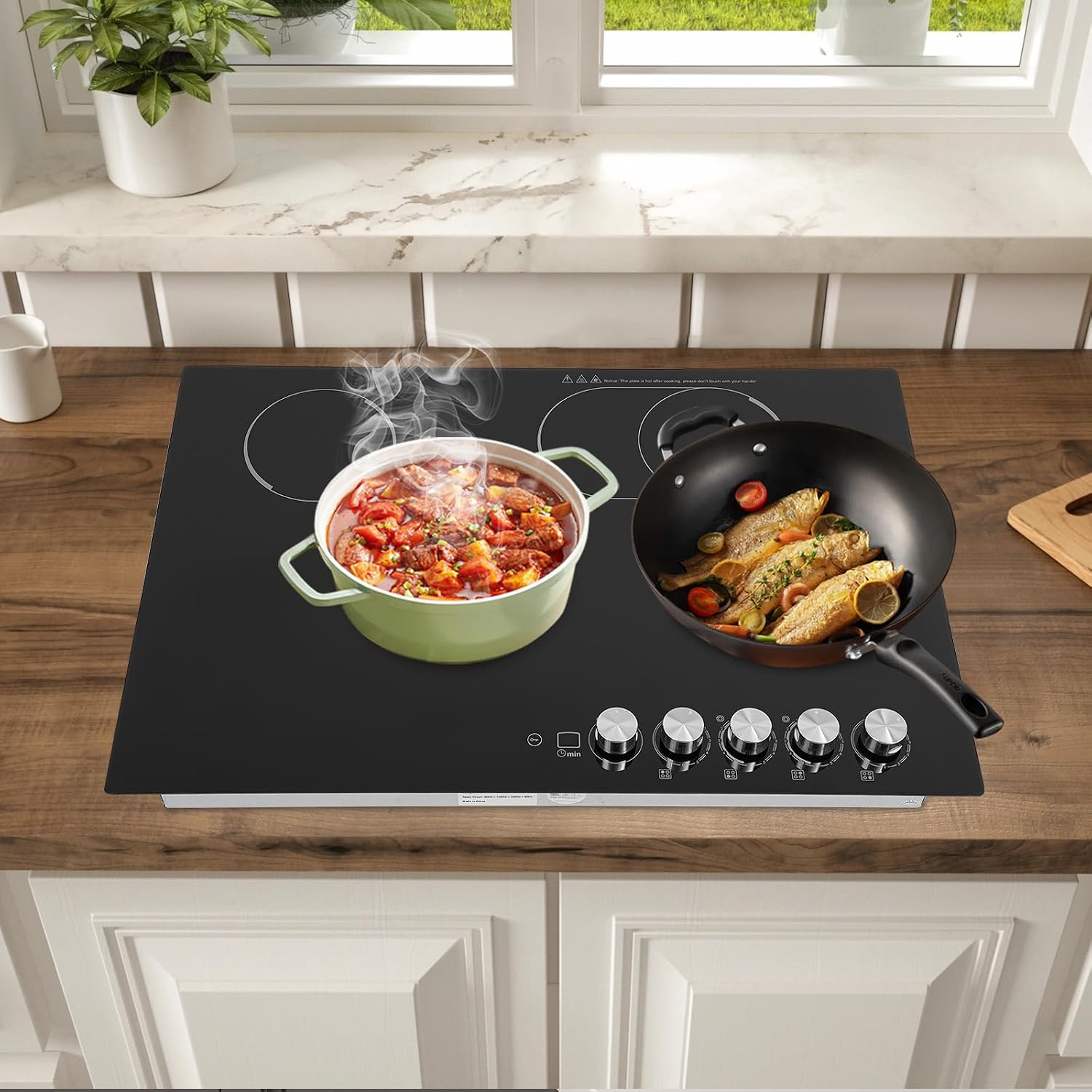 Electric Stovetop, 4 Burners Electric Cooktop Induction Cooker Ceramic Stove with 5 Temperature and 4 Power Level, Sensor Touch Control, Child Safety Lock & Timer