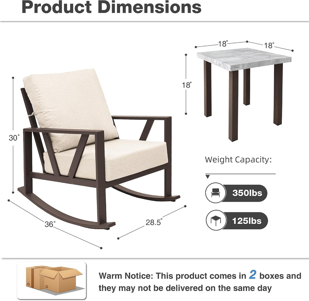 Outdoor Patio Rocking Chairs Set of 2, 3 Pieces Patio Porch Furniture Set with 6' Thick Cushions, Outdoor Bistro Set with Coffee Table, Upgrade Beige