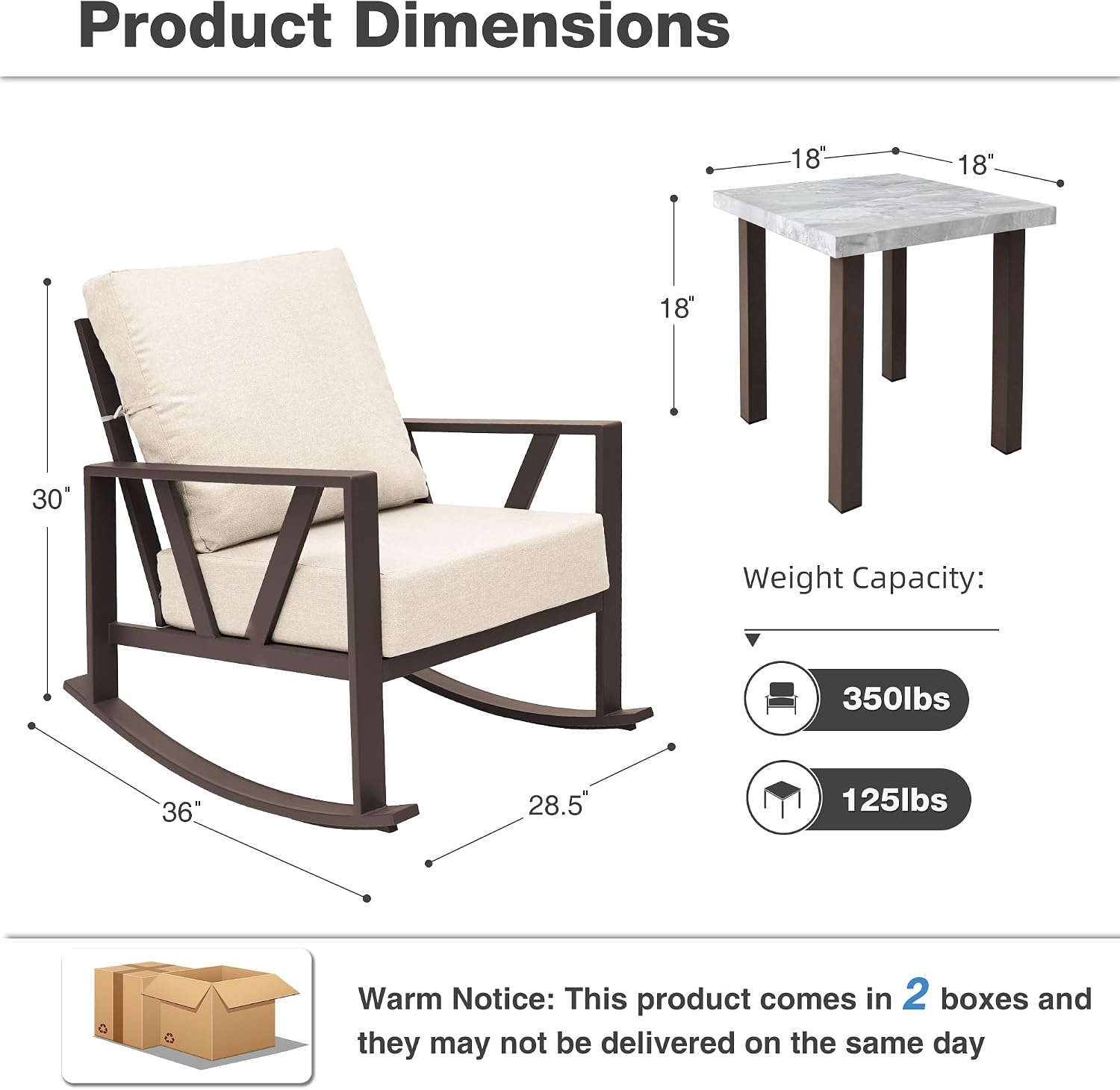 Outdoor Patio Rocking Chairs Set of 2, 3 Pieces Patio Porch Furniture Set with 6' Thick Cushions, Outdoor Bistro Set with Coffee Table, Upgrade Beige