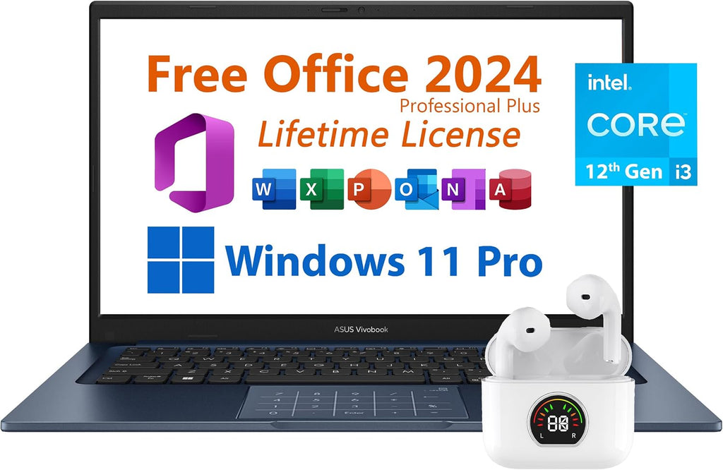 ASUS Vivobook 14' Laptop, Free Microsoft Office 2024 with Lifetime License, FHD Non-Touch Display, Intel 6-Core i3-1215U 4.4 GHz, WiFi 6E, 16GB RAM, 512GB SSD, 10 hrs Battery, Toree Wireless Earbuds