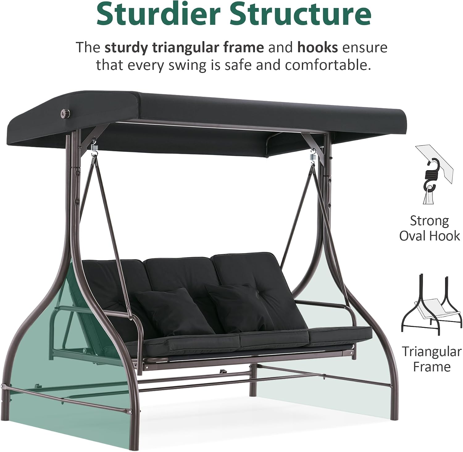 MCombo 3-Seat Outdoor Patio Swing Chair, 2-in-1 Convertible Porch Swing Glider Chair with Removable Cushions, Adjustable Canopy & Pillows for Backyard, Deck, Garden, 4068 (Black)