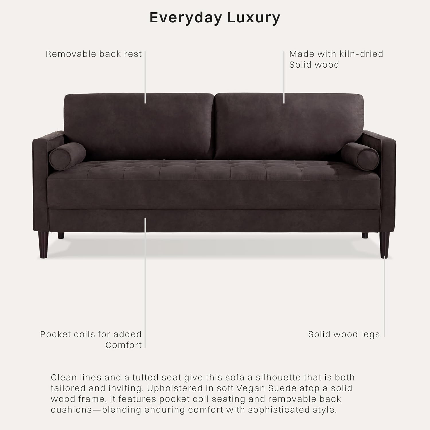 Studio Living® Lexington 75.6' Sofa, Modern Design, Pocket Coil Comfort, Easy Assembly, Faux-Suede Fabric, Charcoal