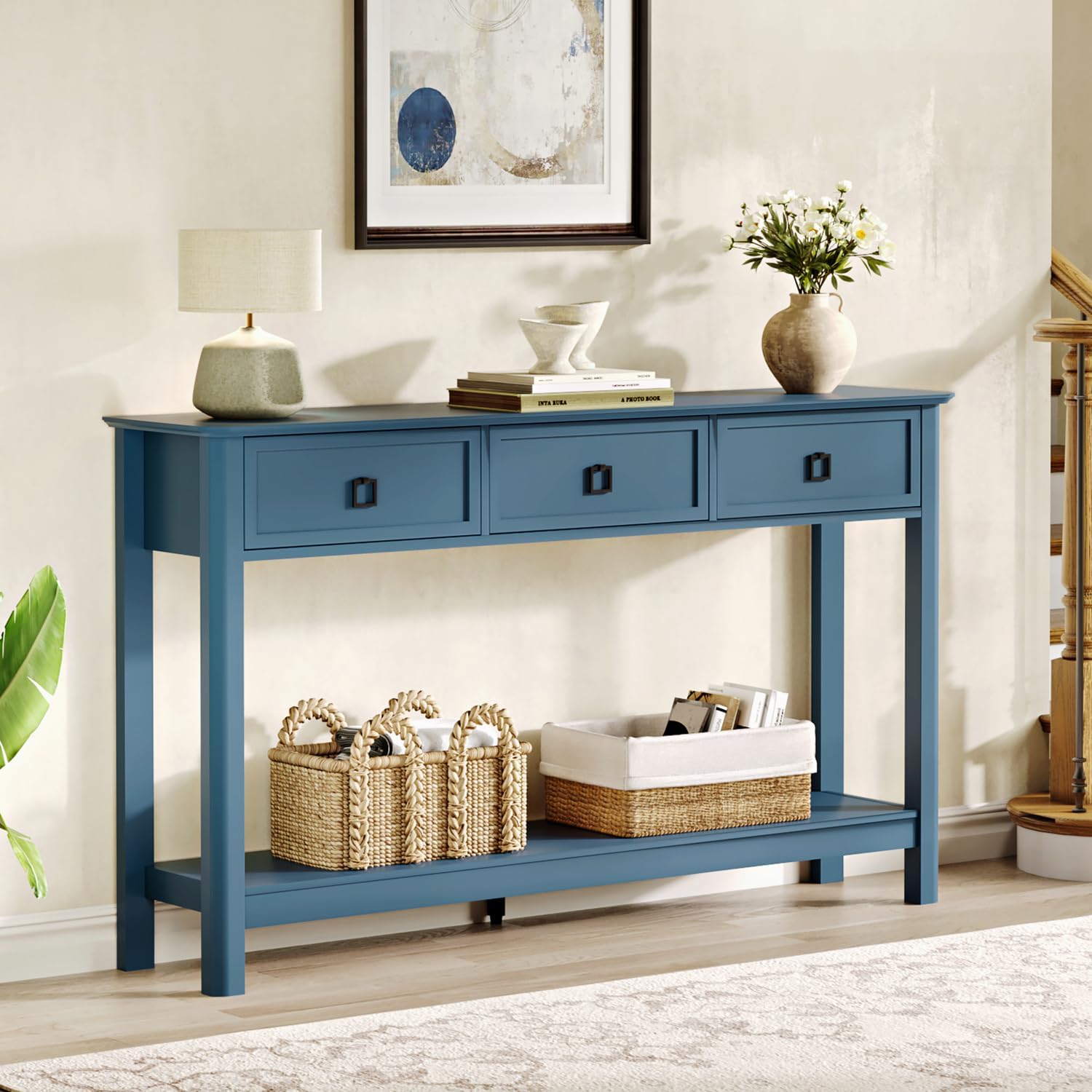 Treocho 53.1' Console Table with 3 Drawers, Modern Entryway Table, 2-Tier Narrow Long Sofa Table Behind Couch Table for Living Room, Hallway, Blue