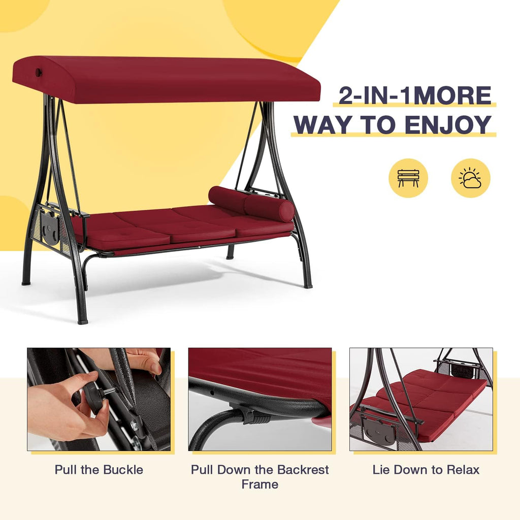 HOMREST 3 Person Outdoor Porch Swing with 1.5' Upgraded Cup Holder, Adjustable Canopy, Backrest, Patio Swing Bed with Weather Resistant Steel Frame, Cushions for Garden,Deck and Poolside(Wine Red)
