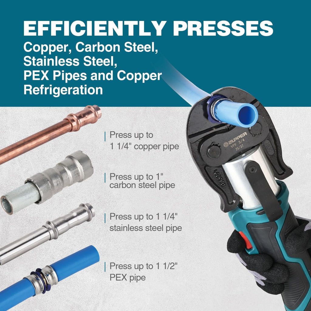 ZUPPER Mini Press Tool kit with 3 Jaws Suitable for PureFlow press fittings 1/2', 3/4', 1', Brushless Motor, 2pcs Battery, Fast Charger & Carrying Case