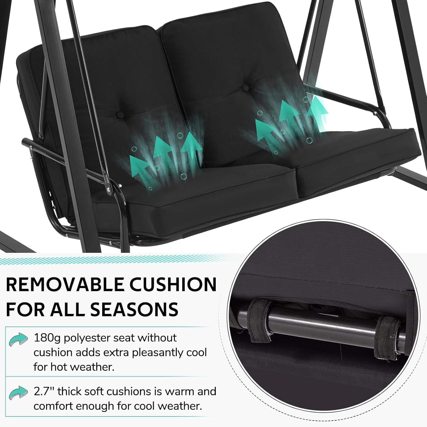 AECOJOY 2-Seat Outdoor Patio Swing Chair with Adjustable Canopy, Porch Swings Chairs for Adult, Outside Swing Bench with Removable Cushion, Suitable for Backyard, Garden, Yard, Poolside, Balcon, Black