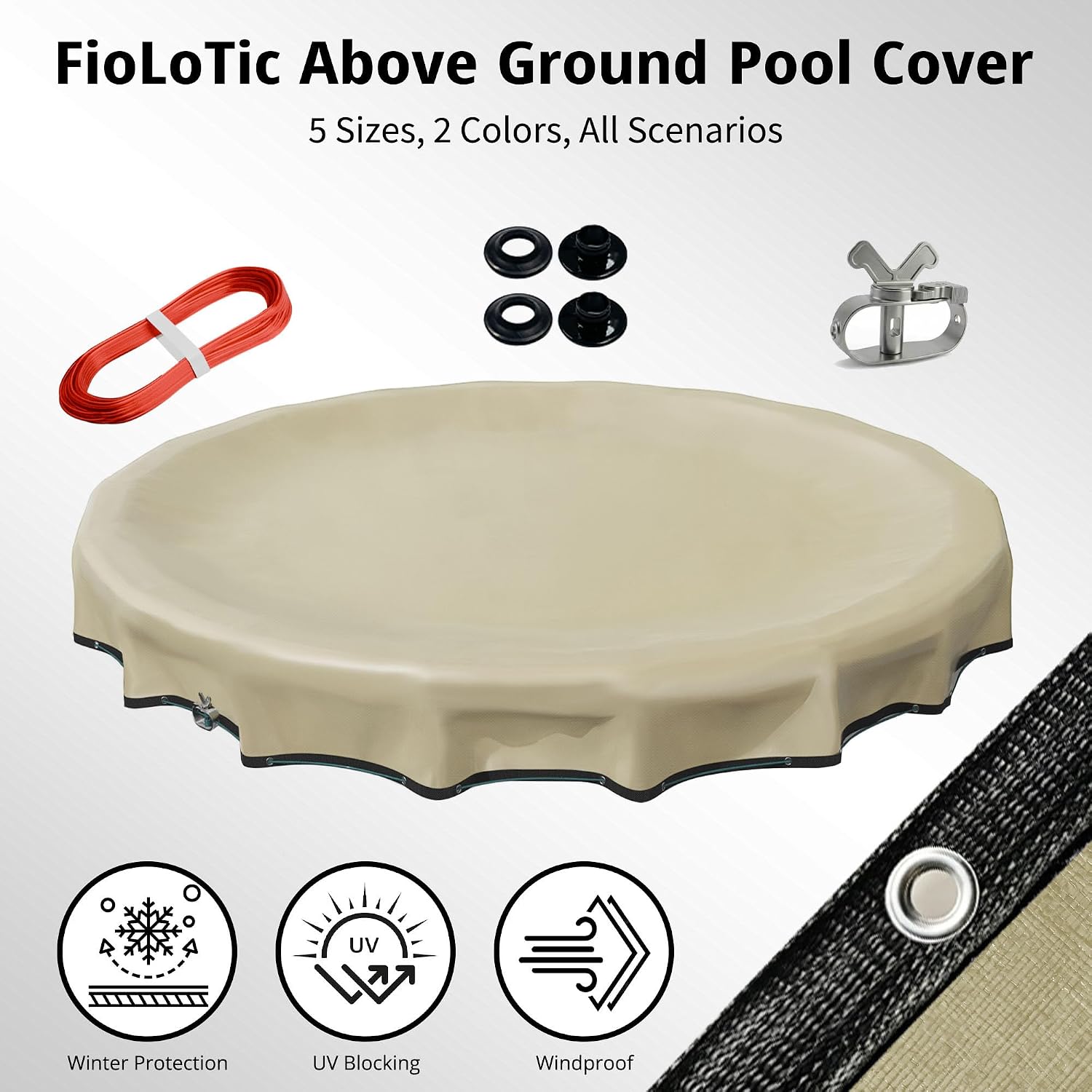[Upgrade] 18ft/21ft/24ft/28ft Pool Cover for Above Ground Pools,21 Feet Winter Round Swimming Pool Cover with 4 Foot Overlap Extra Thick 500D Cable & Heavy-Duty Winch 21 Foot Round Pool Covers Beige
